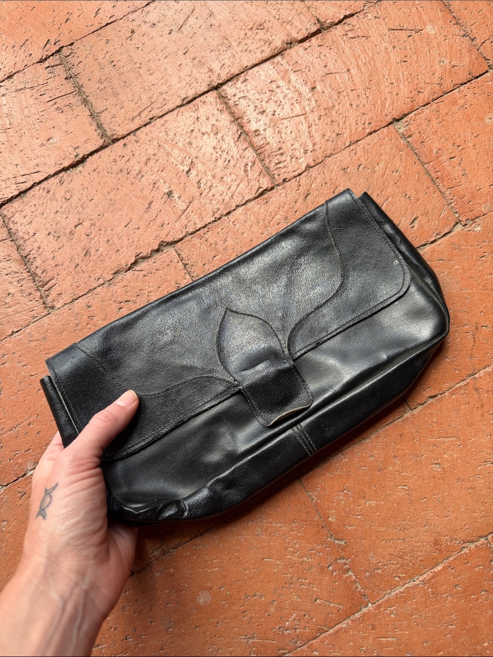 Vintage Black Leather Clutch Wristlet - Sleek Envelope Style